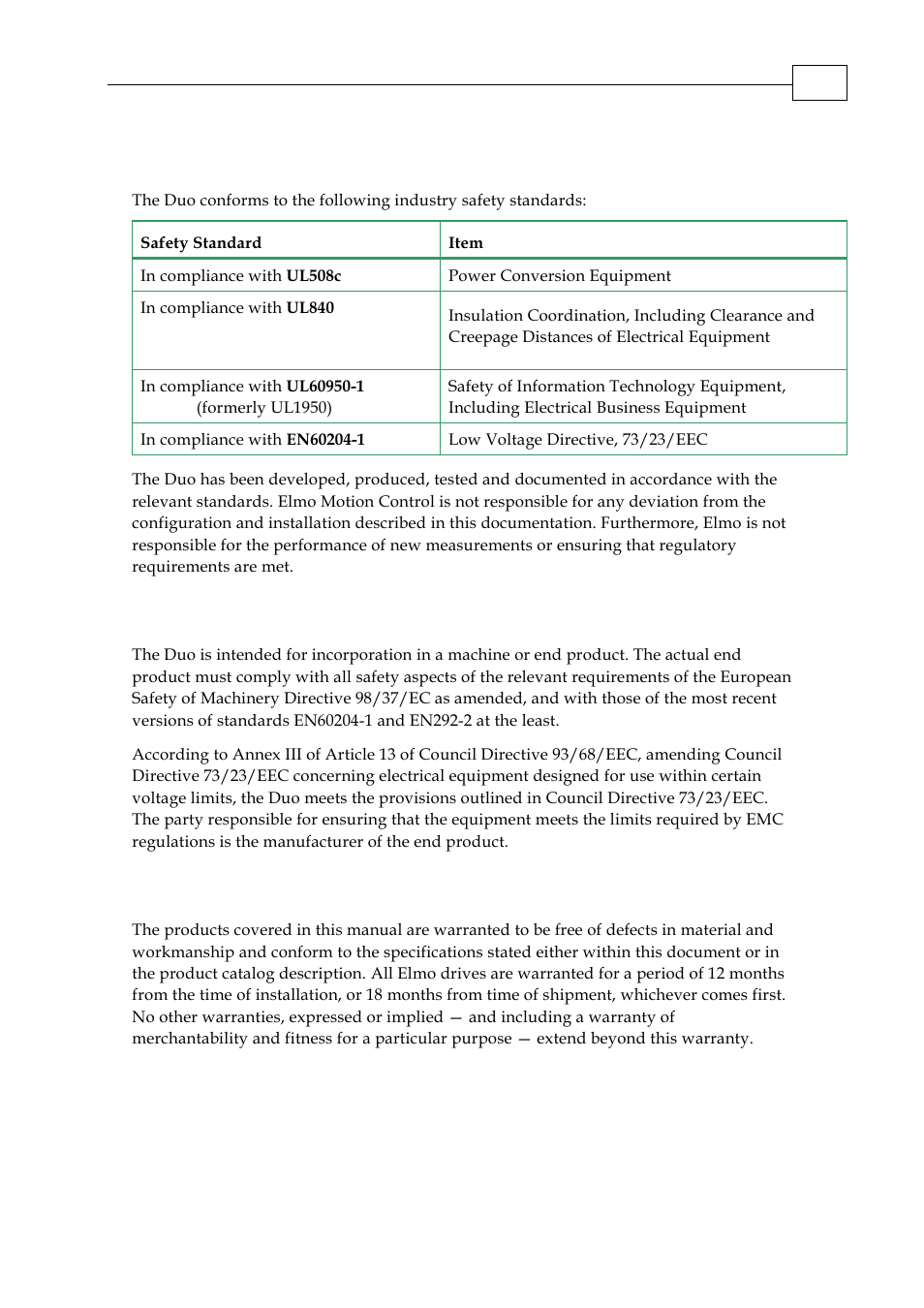 3 directives and standards, 4 ce mark conformance, 5 warranty information | ElmoMC SimplIQ Digital Servo Drives-Whi-Duo Installation Guide User Manual | Page 8 / 69