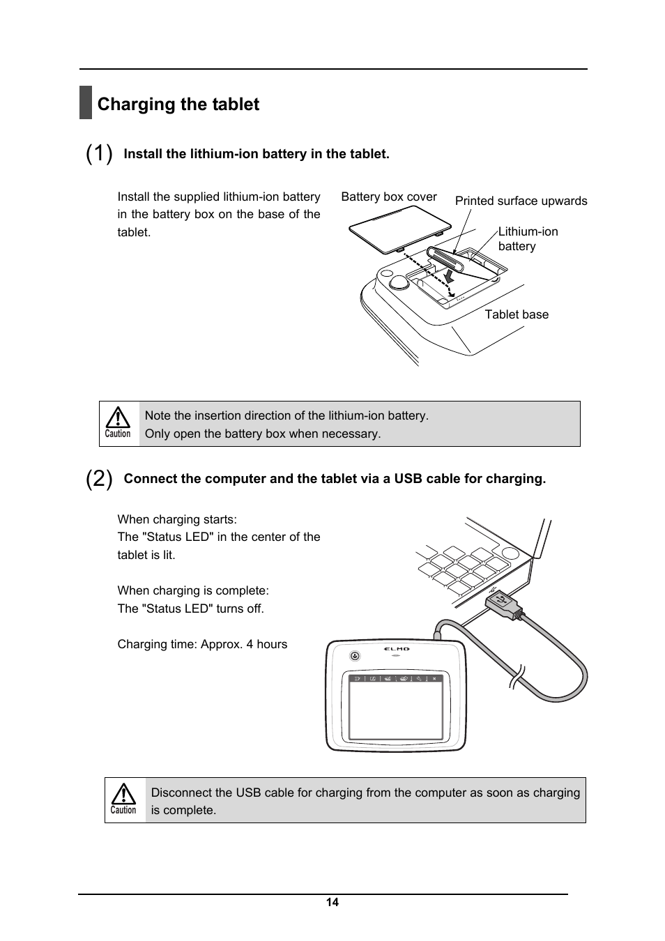 Charging the tablet | Elmo CRA-1 User Manual | Page 14 / 64