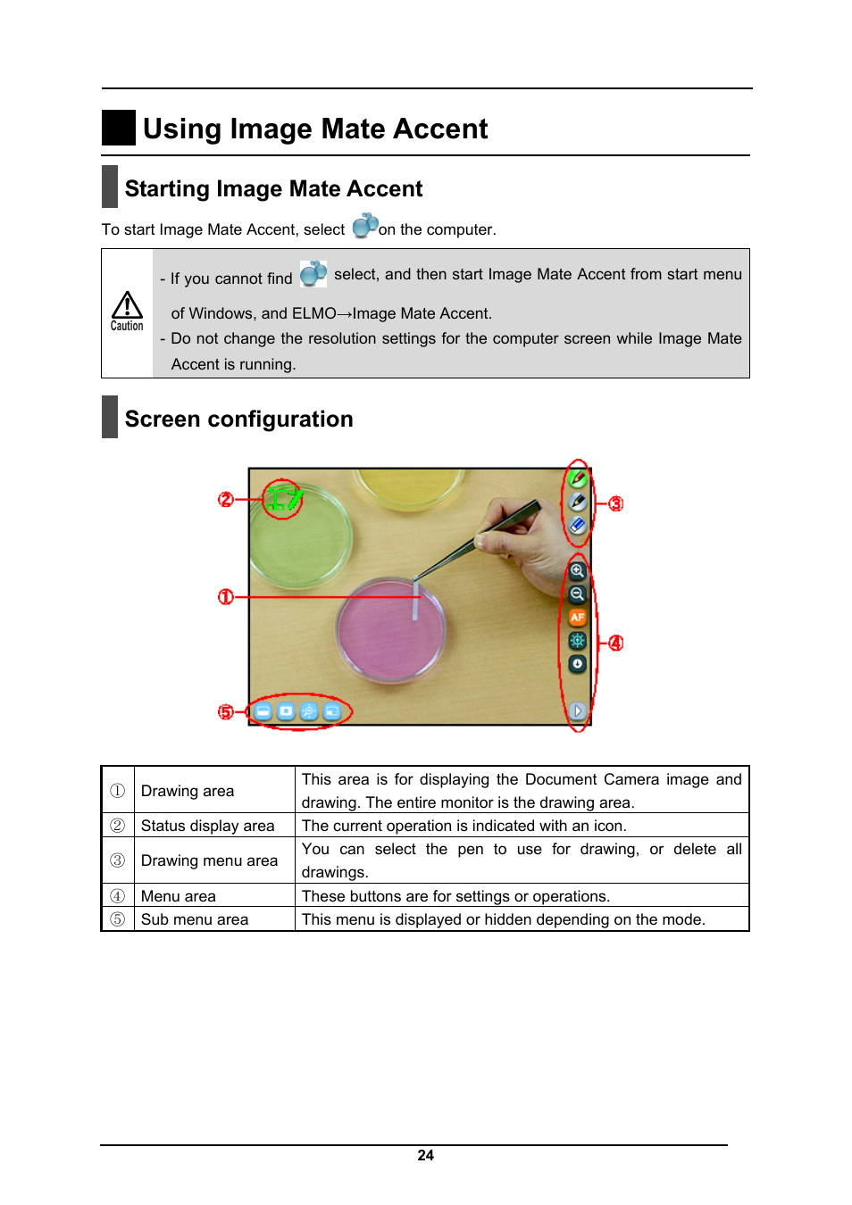 Using image mate accent, Starting image mate accent, Screen configuration | Elmo CRA-1 User Manual | Page 24 / 64