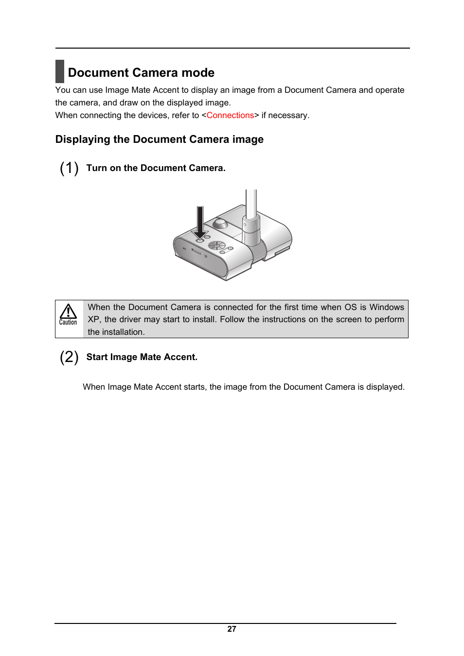 Document camera mode, Displaying the document camera image | Elmo CRA-1 User Manual | Page 27 / 64