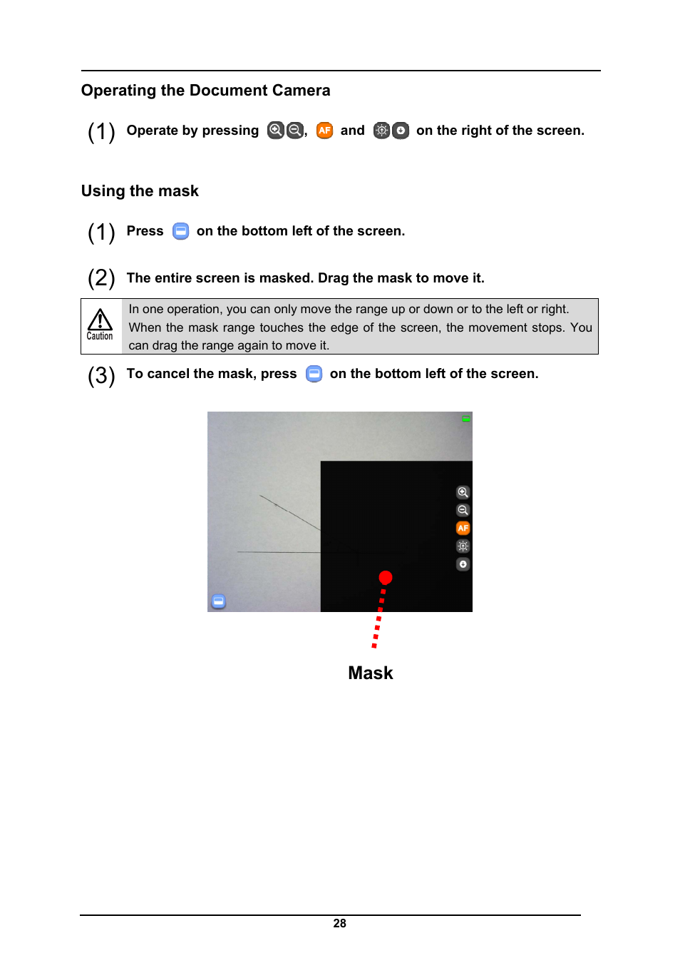 Operating the document camera, Using the mask, Mask | Elmo CRA-1 User Manual | Page 28 / 64