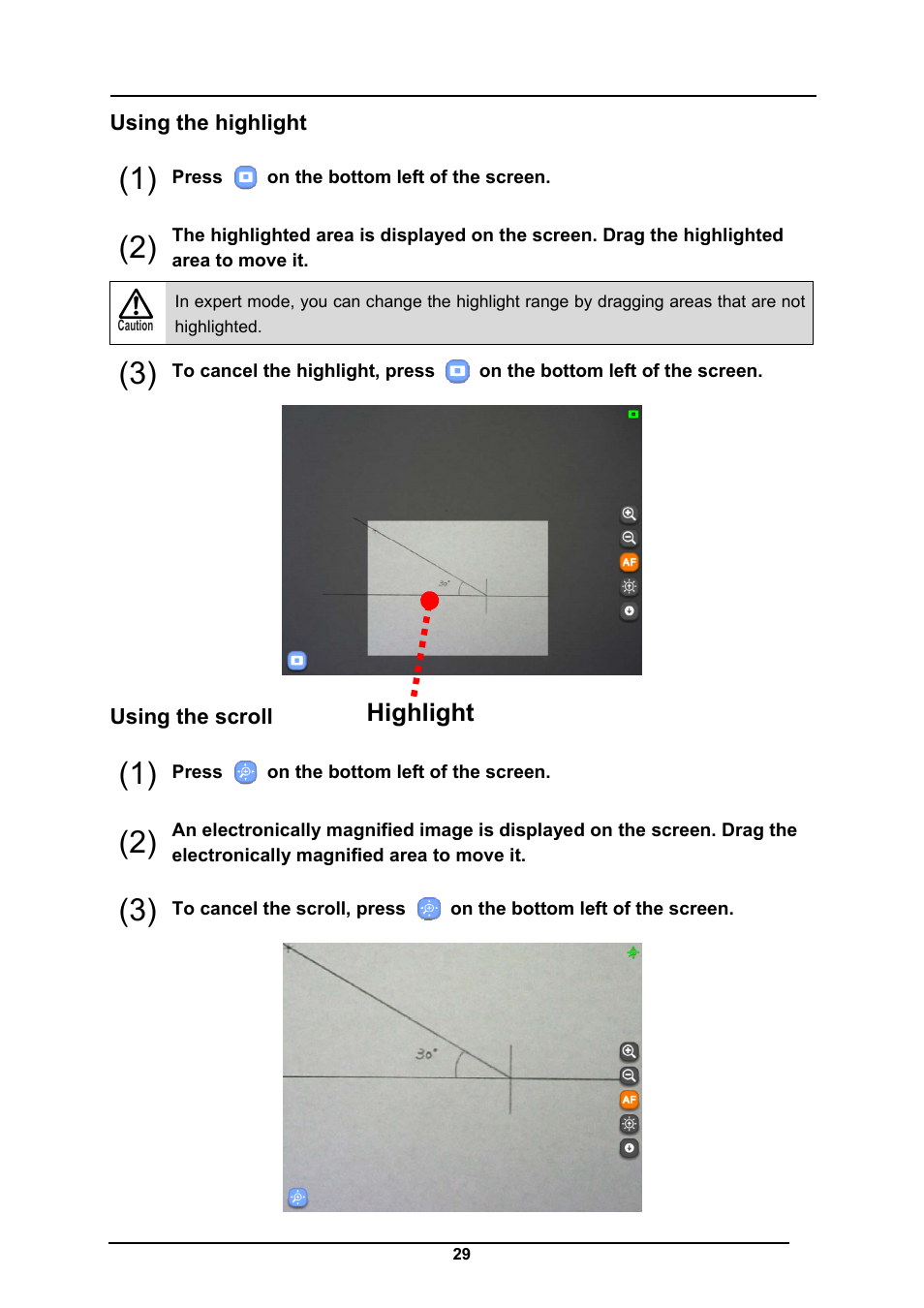 Using the highlight, Using the scroll, Highlight | Elmo CRA-1 User Manual | Page 29 / 64