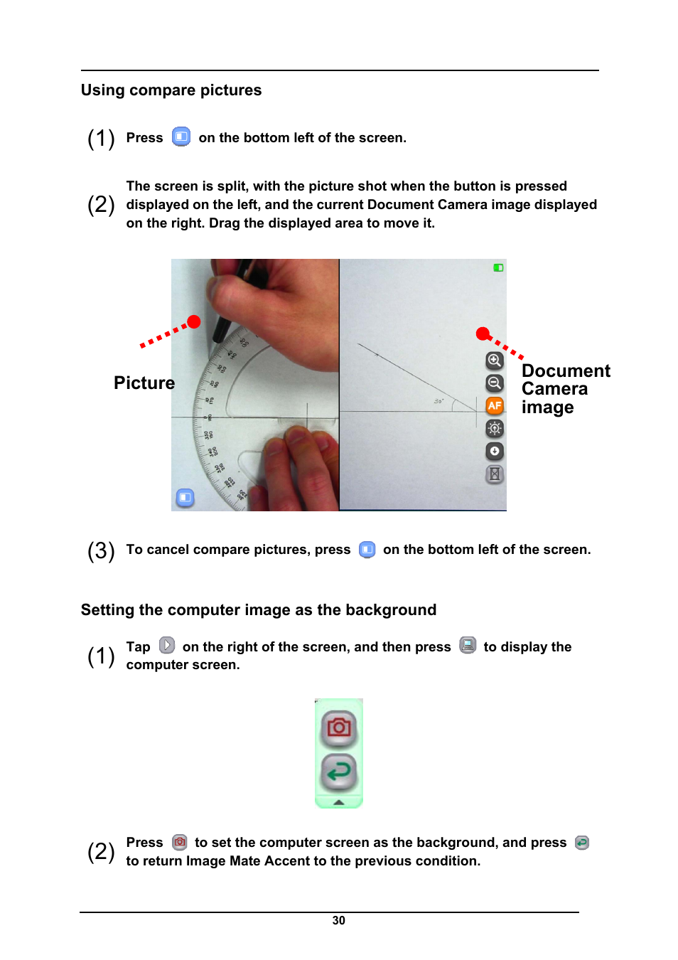 Using compare pictures, Setting the computer image as the background, Document camera image picture | Elmo CRA-1 User Manual | Page 30 / 64