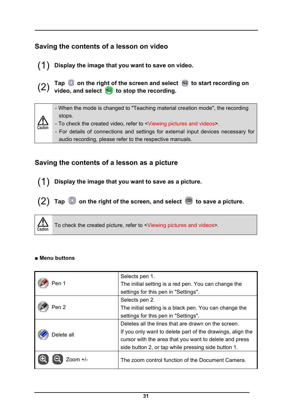 Saving the contents of a lesson on video, Saving the contents of a lesson as a picture | Elmo CRA-1 User Manual | Page 31 / 64