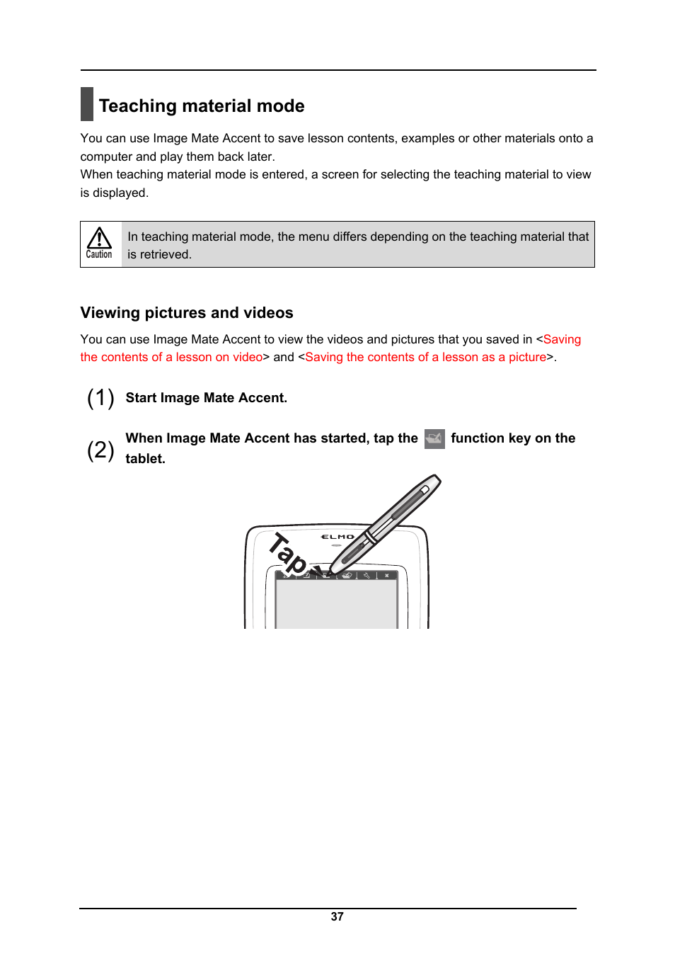 Teaching material mode, Viewing pictures and videos | Elmo CRA-1 User Manual | Page 37 / 64