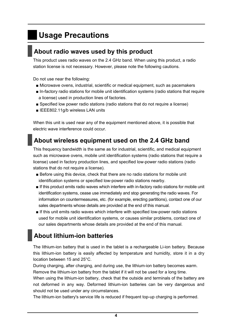 Usage precautions, About radio waves used by this product, About wireless equipment used on the 2.4 ghz band | About lithium-ion batteries | Elmo CRA-1 User Manual | Page 4 / 64