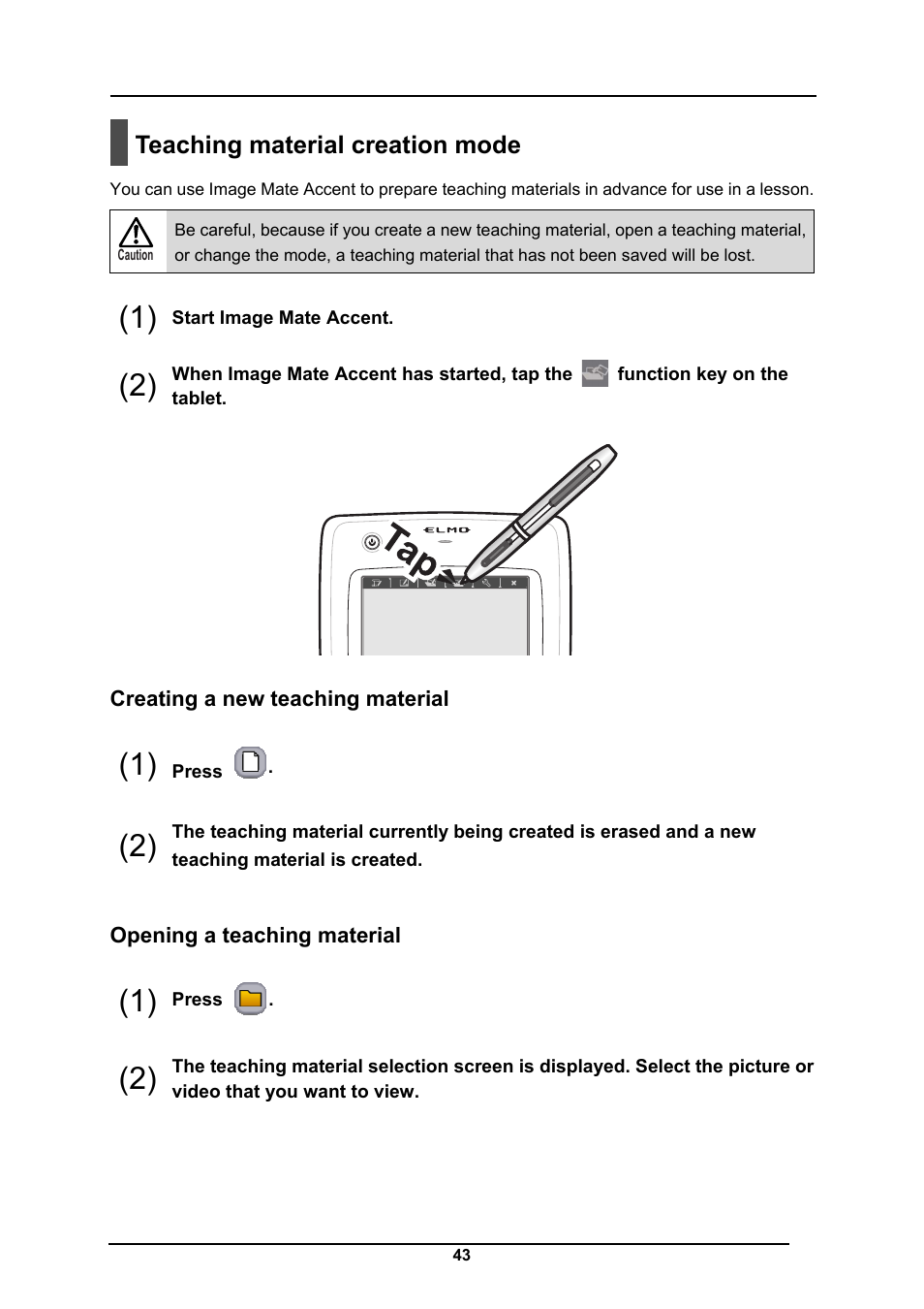 Teaching material creation mode, Creating a new teaching material, Opening a teaching material | Elmo CRA-1 User Manual | Page 43 / 64