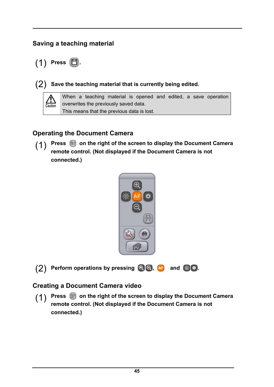 Saving a teaching material, Operating the document camera, Creating a document camera video | Elmo CRA-1 User Manual | Page 45 / 64