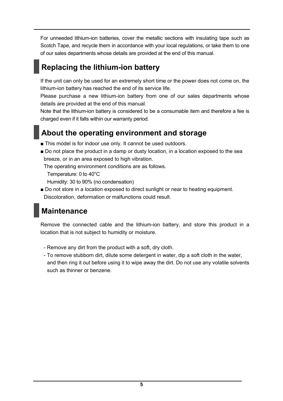 Replacing the lithium-ion battery, About the operating environment and storage, Maintenance | Elmo CRA-1 User Manual | Page 5 / 64