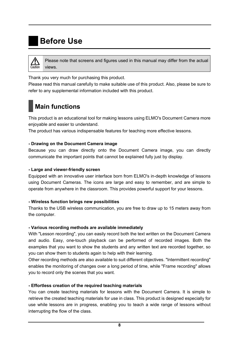 Before use, Main functions | Elmo CRA-1 User Manual | Page 8 / 64