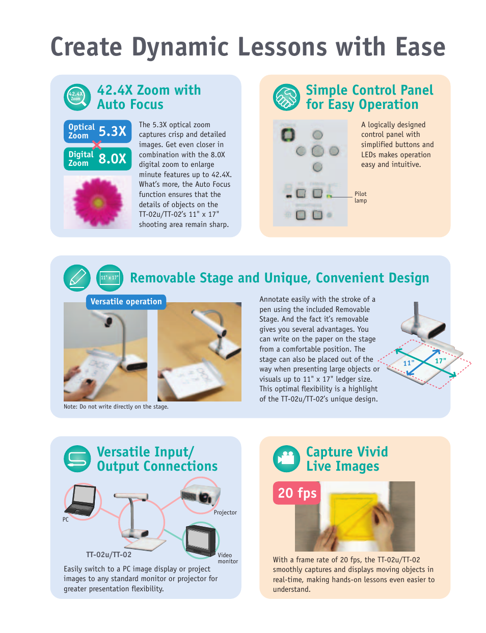 Create dynamic lessons with ease, Removable stage and unique, convenient design | Elmo Document Camera TT-02u/TT-02 User Manual | Page 4 / 6