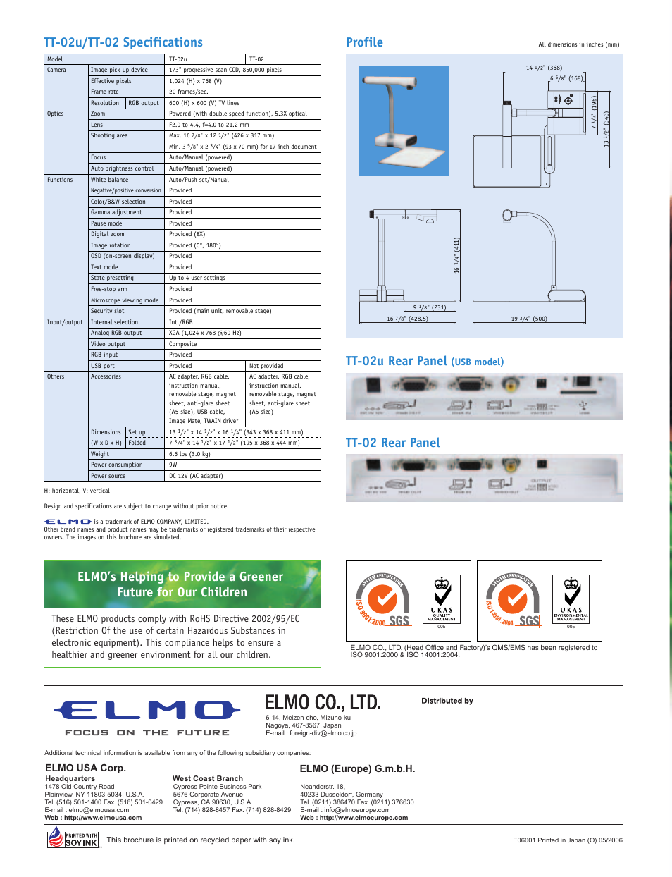 Tt-02u/tt-02 specifications profile, Tt-02u rear panel, Tt-02 rear panel | Usb model), Elmo (europe) g.m.b.h, Elmo usa corp | Elmo Document Camera TT-02u/TT-02 User Manual | Page 6 / 6