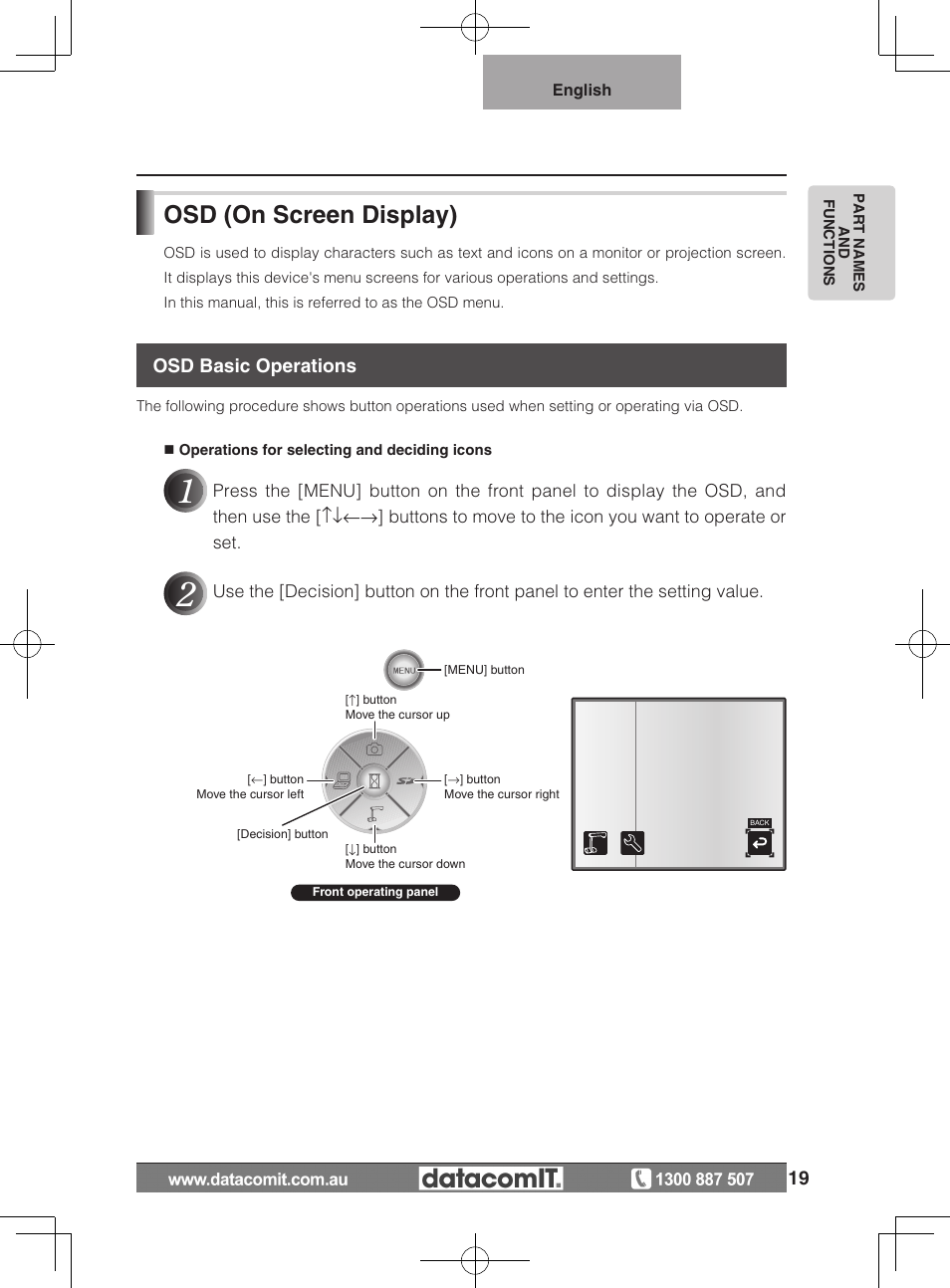 Osd (on screen display), Osd basic operations | Elmo L-1EX User Manual | Page 19 / 68