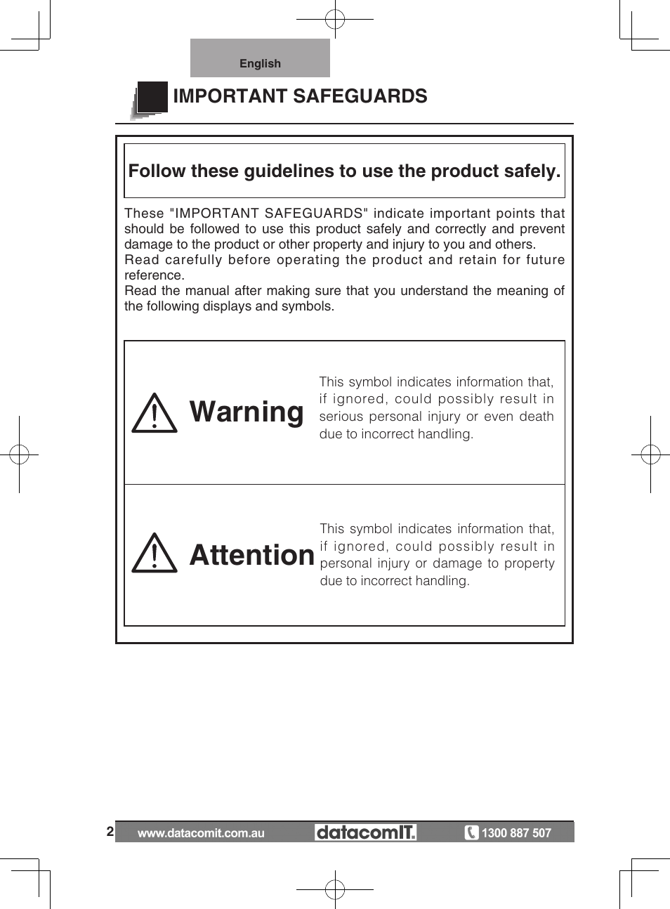 Warning, Attention, Important safeguards | Follow these guidelines to use the product safely | Elmo L-1EX User Manual | Page 2 / 68