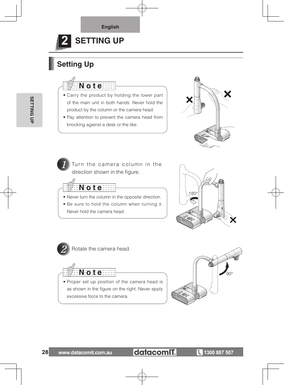 N o t e, Setting up | Elmo L-1EX User Manual | Page 28 / 68