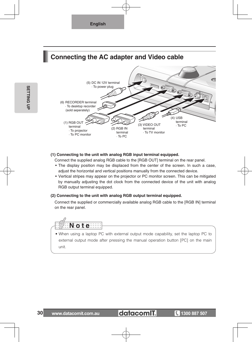 N o t e, Connecting the ac adapter and video cable | Elmo L-1EX User Manual | Page 30 / 68