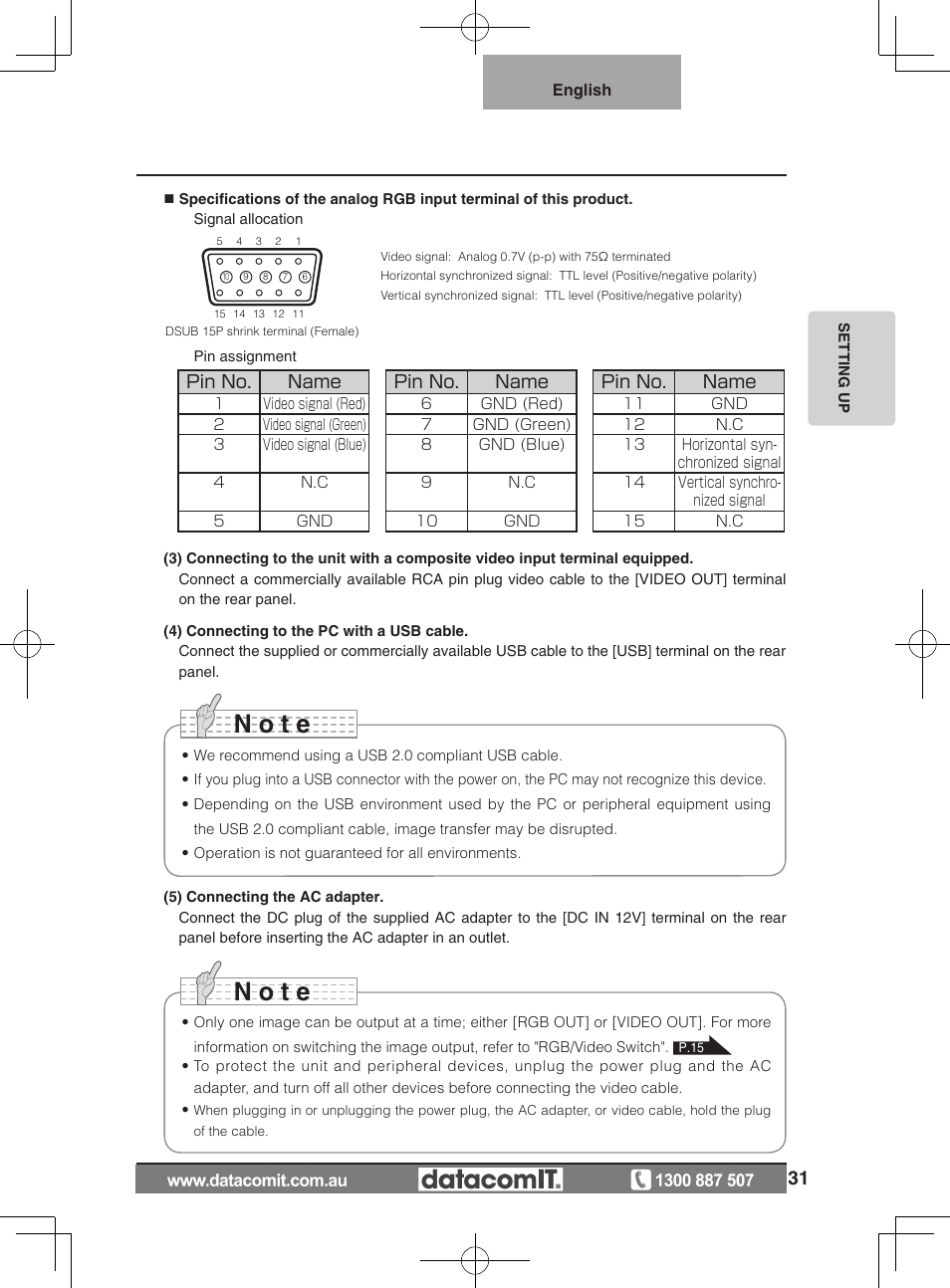 N o t e | Elmo L-1EX User Manual | Page 31 / 68