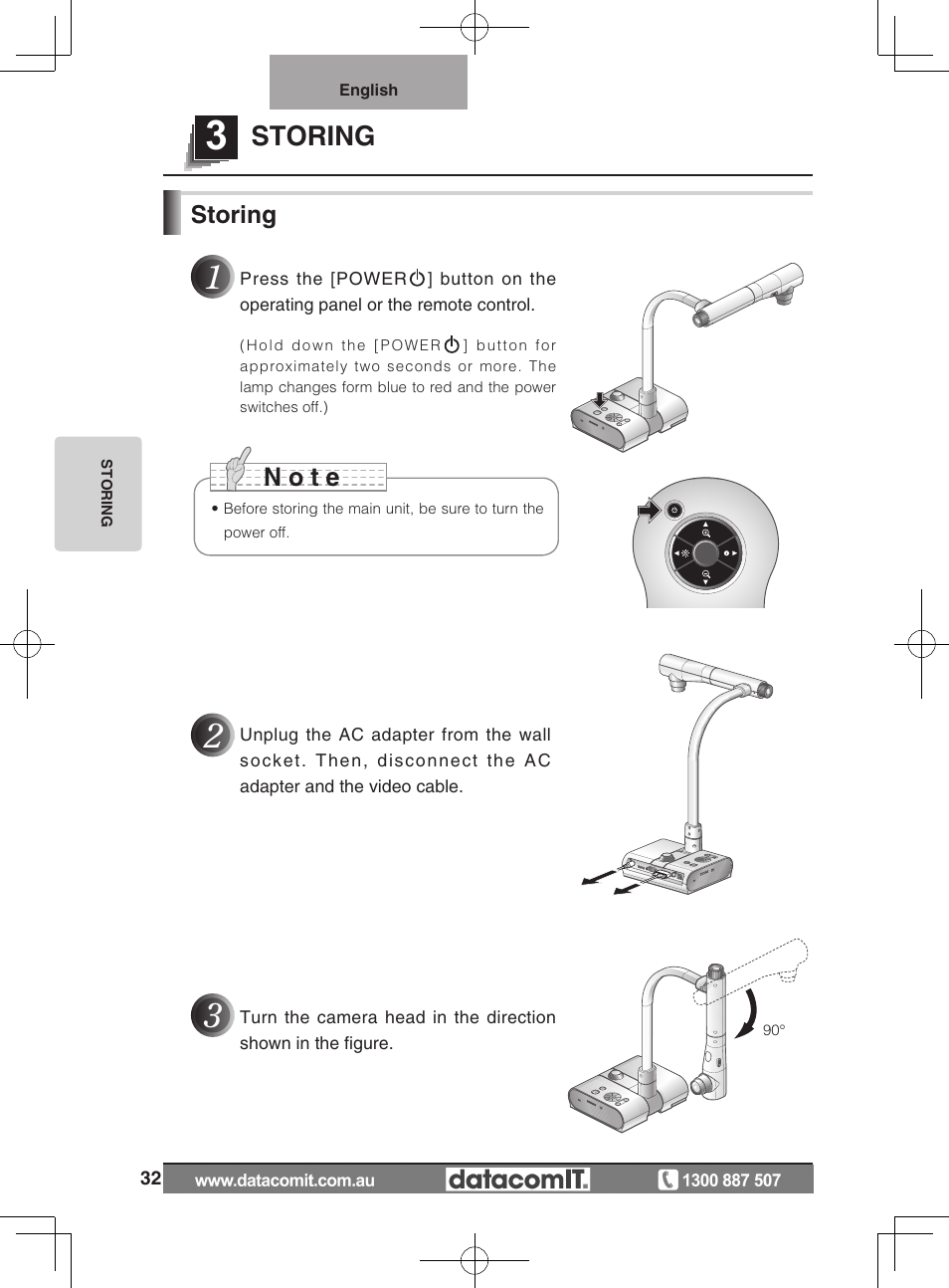 Storing, N o t e | Elmo L-1EX User Manual | Page 32 / 68