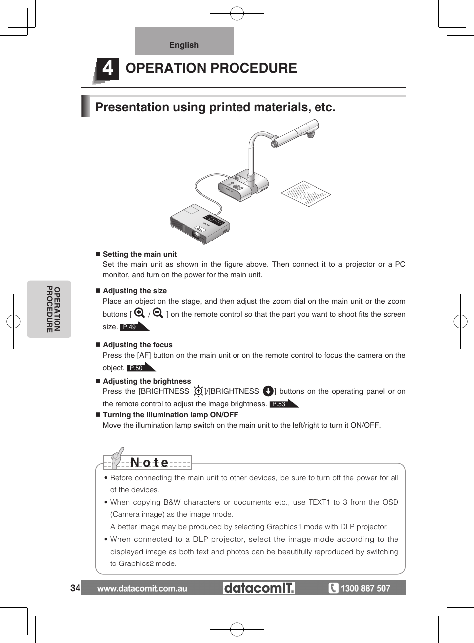 Operation procedure, N o t e, Presentation using printed materials, etc | Elmo L-1EX User Manual | Page 34 / 68