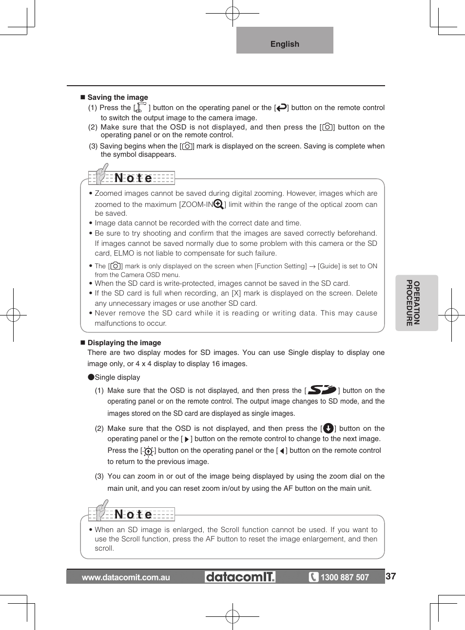 N o t e | Elmo L-1EX User Manual | Page 37 / 68