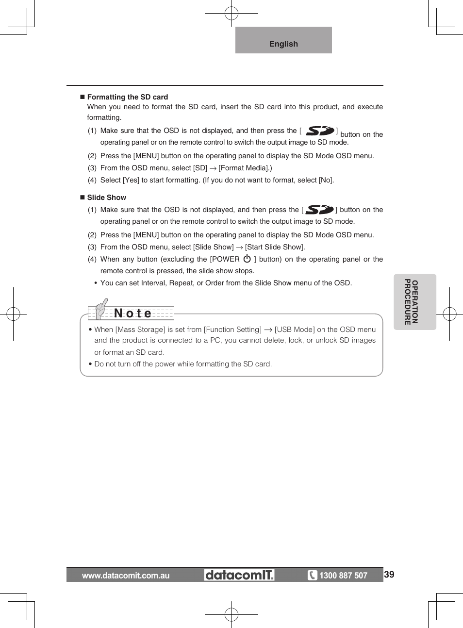 N o t e | Elmo L-1EX User Manual | Page 39 / 68
