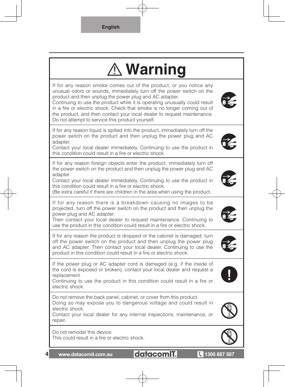 Warning | Elmo L-1EX User Manual | Page 4 / 68