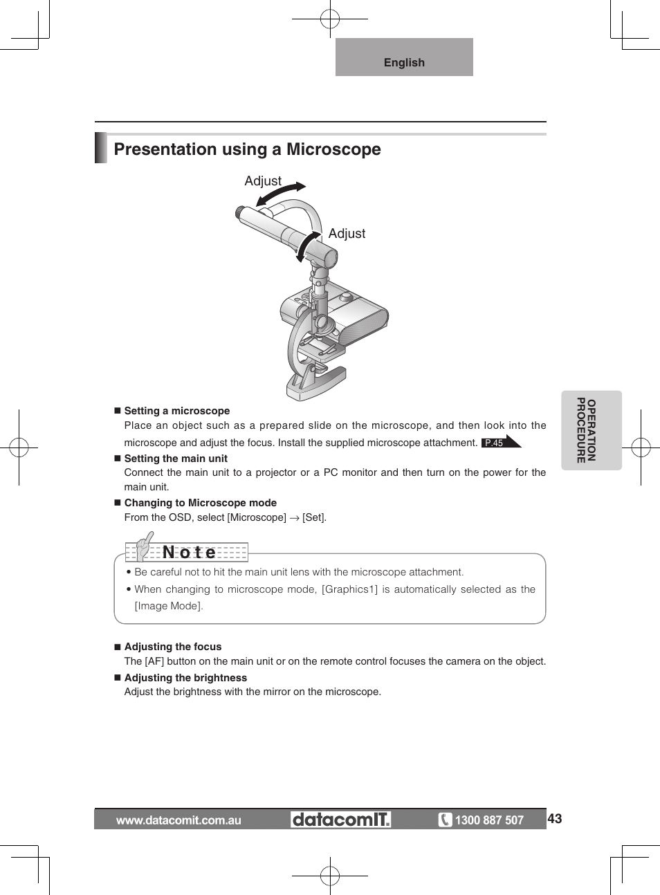 N o t e, Presentation using a microscope | Elmo L-1EX User Manual | Page 43 / 68