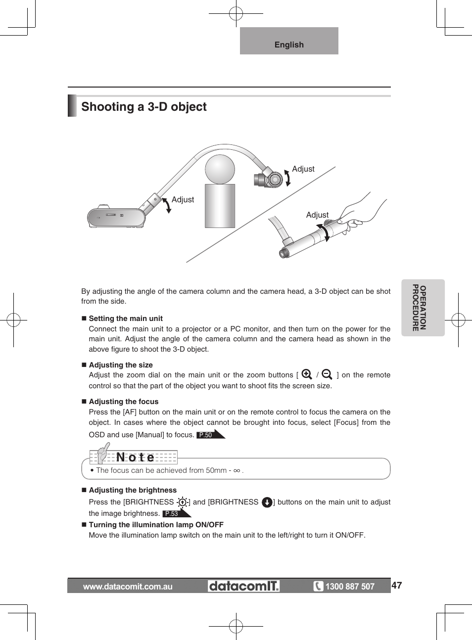 N o t e, Shooting a -d object | Elmo L-1EX User Manual | Page 47 / 68