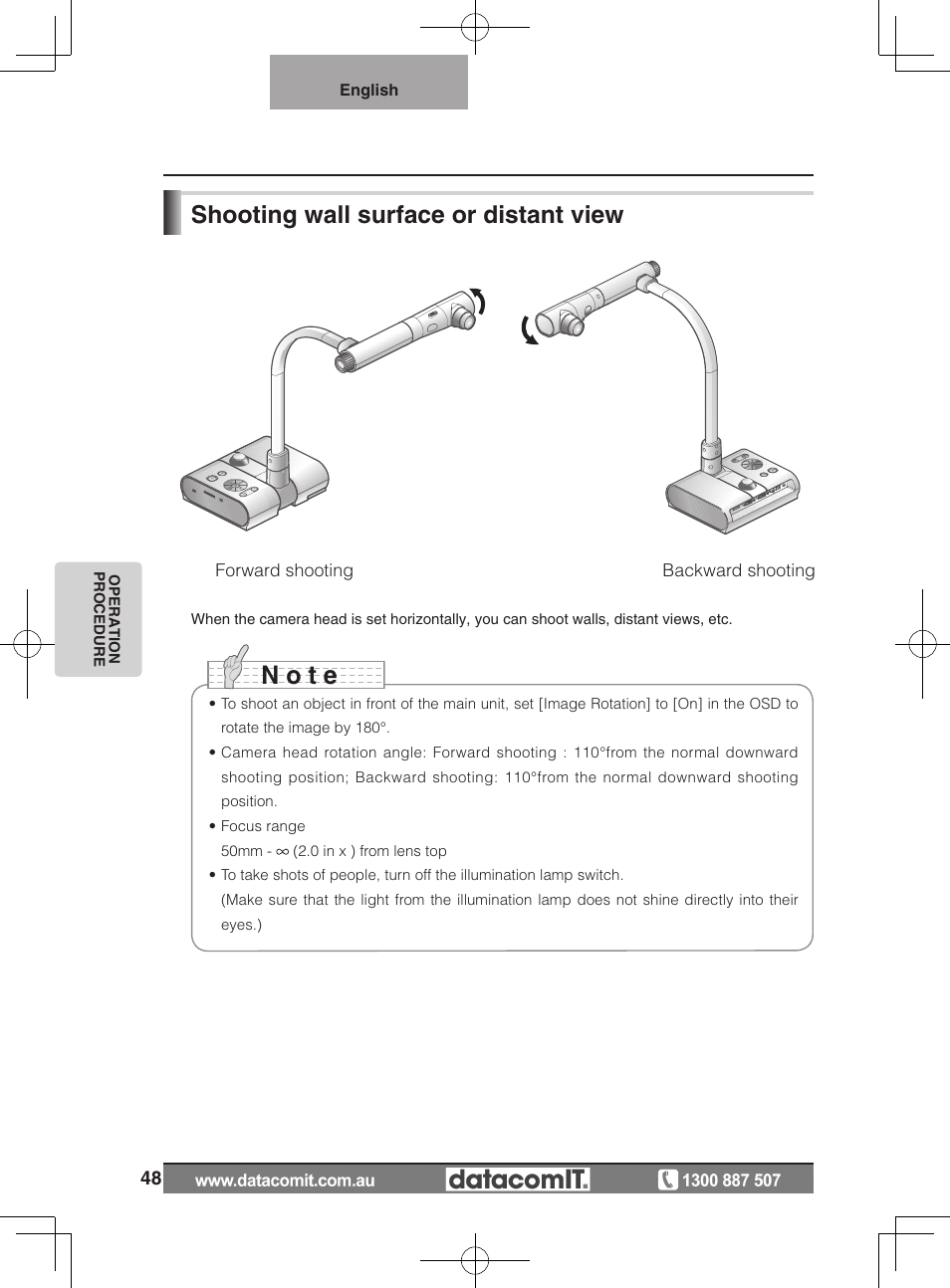 N o t e, Shooting wall surface or distant view | Elmo L-1EX User Manual | Page 48 / 68