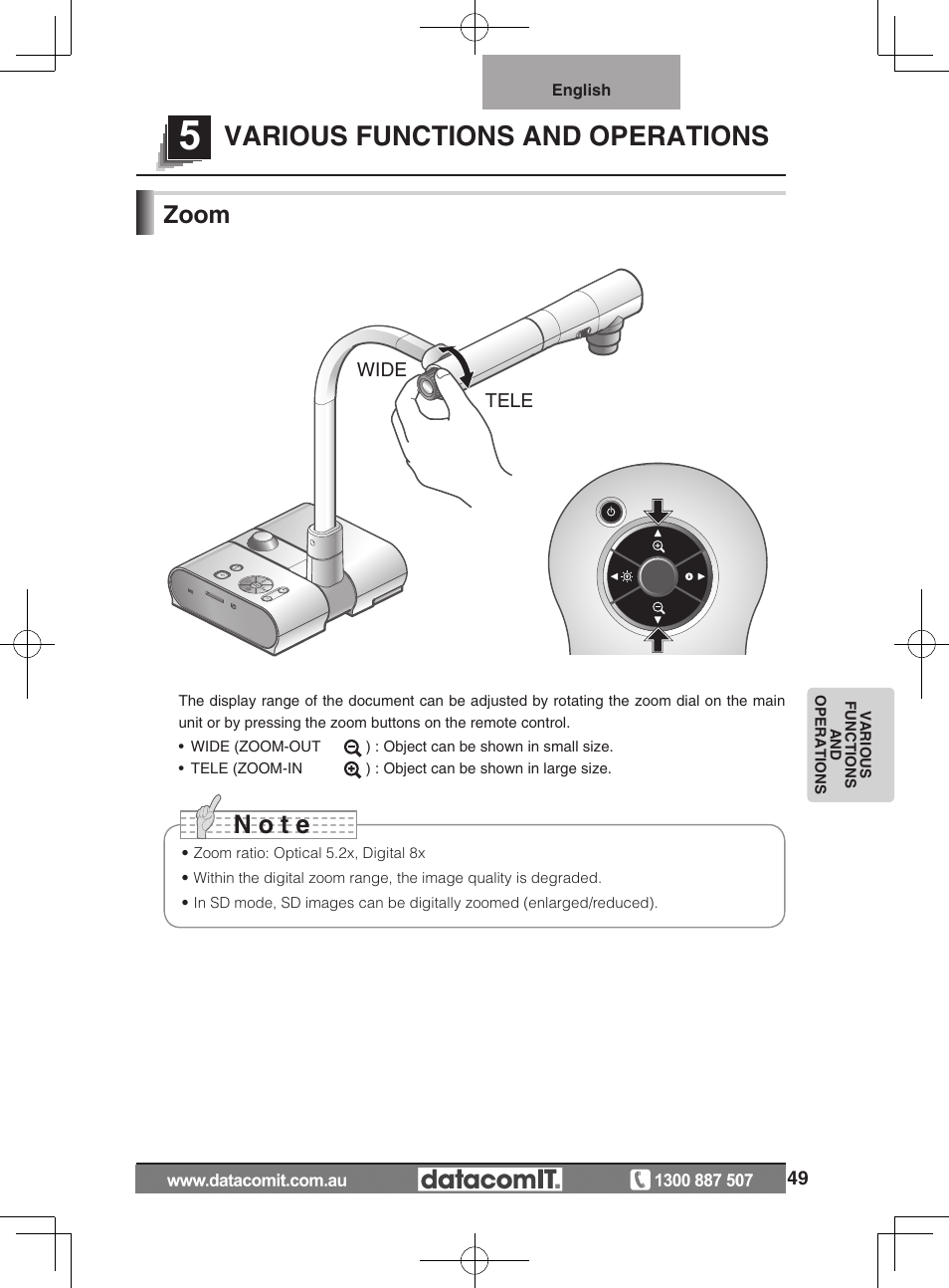 Various functions and operations, N o t e, Zoom | Elmo L-1EX User Manual | Page 49 / 68