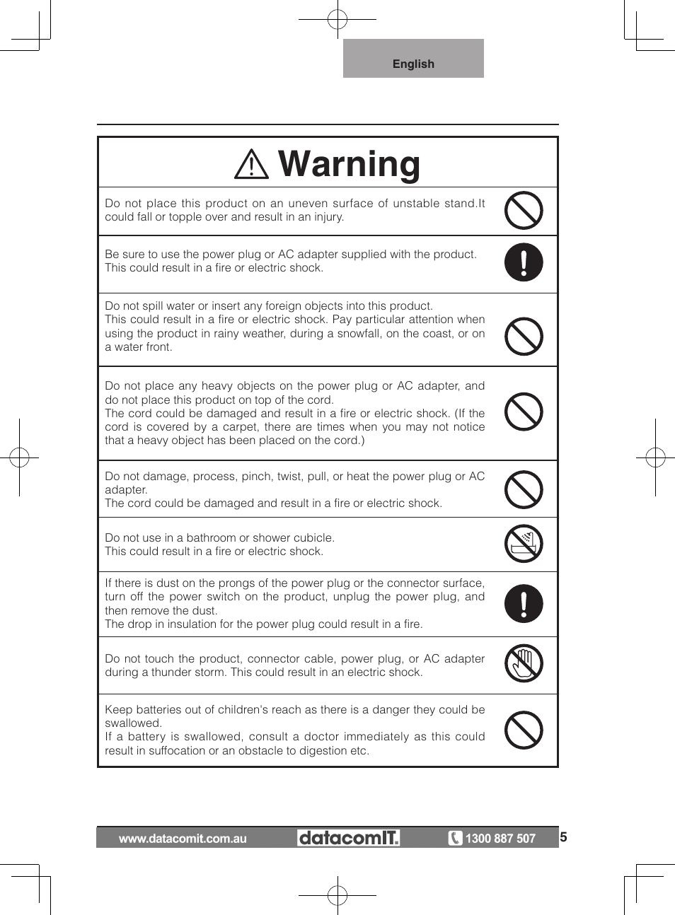 Warning | Elmo L-1EX User Manual | Page 5 / 68