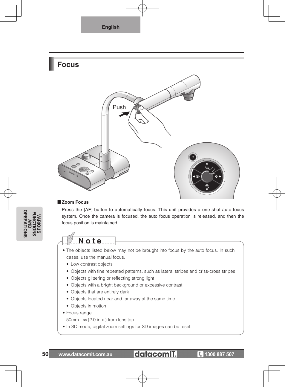 N o t e, Focus | Elmo L-1EX User Manual | Page 50 / 68