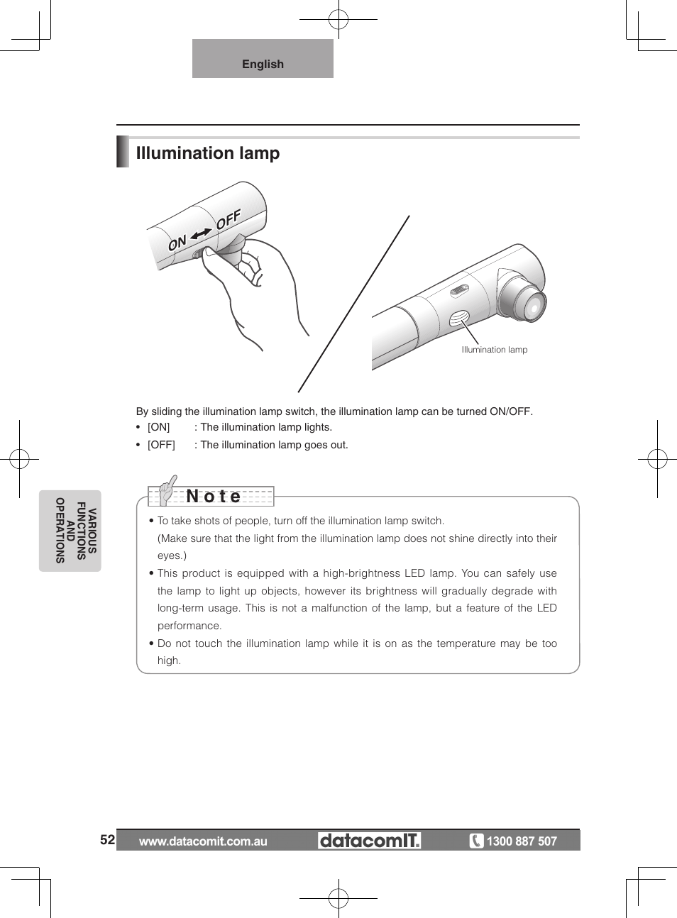 N o t e, Illumination lamp | Elmo L-1EX User Manual | Page 52 / 68