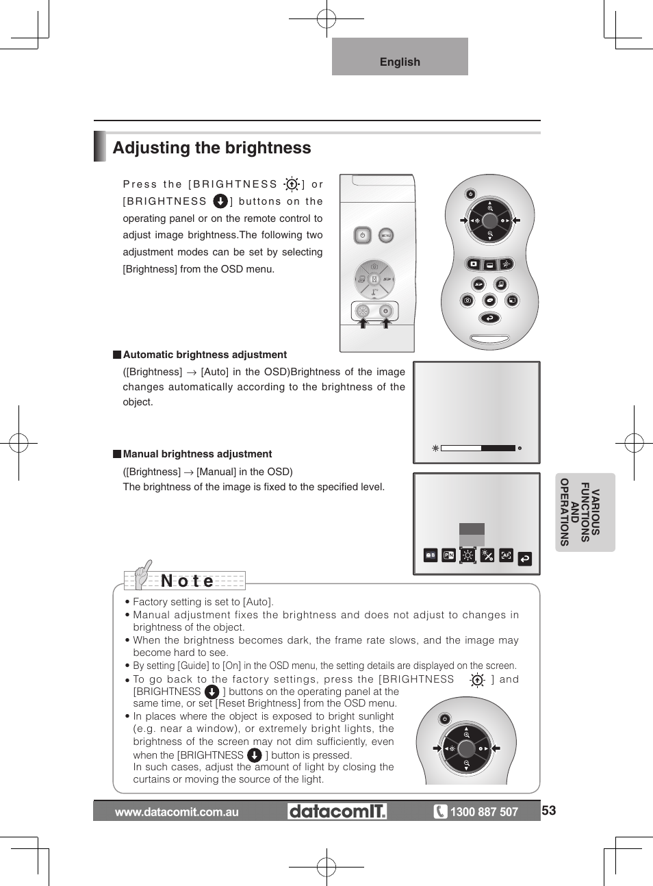 N o t e, Adjusting the brightness | Elmo L-1EX User Manual | Page 53 / 68