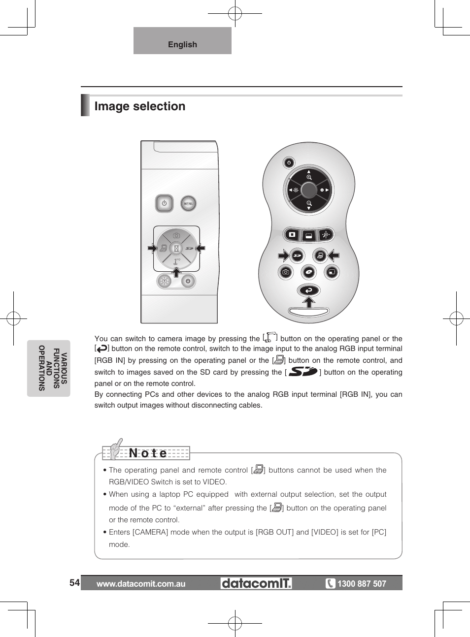 N o t e, Image selection | Elmo L-1EX User Manual | Page 54 / 68