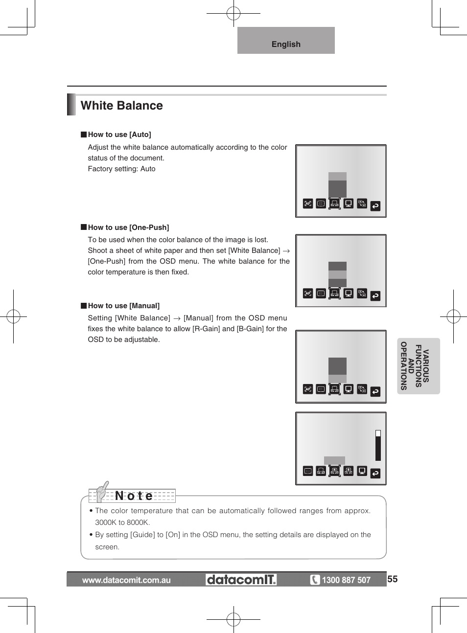 N o t e, White balance | Elmo L-1EX User Manual | Page 55 / 68