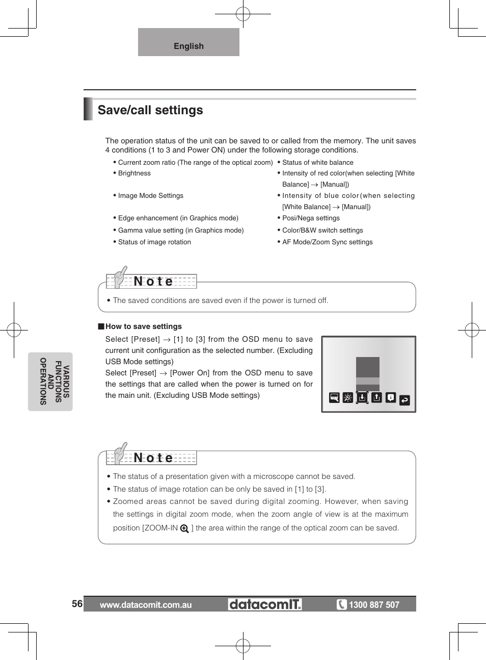 N o t e, Save/call settings | Elmo L-1EX User Manual | Page 56 / 68