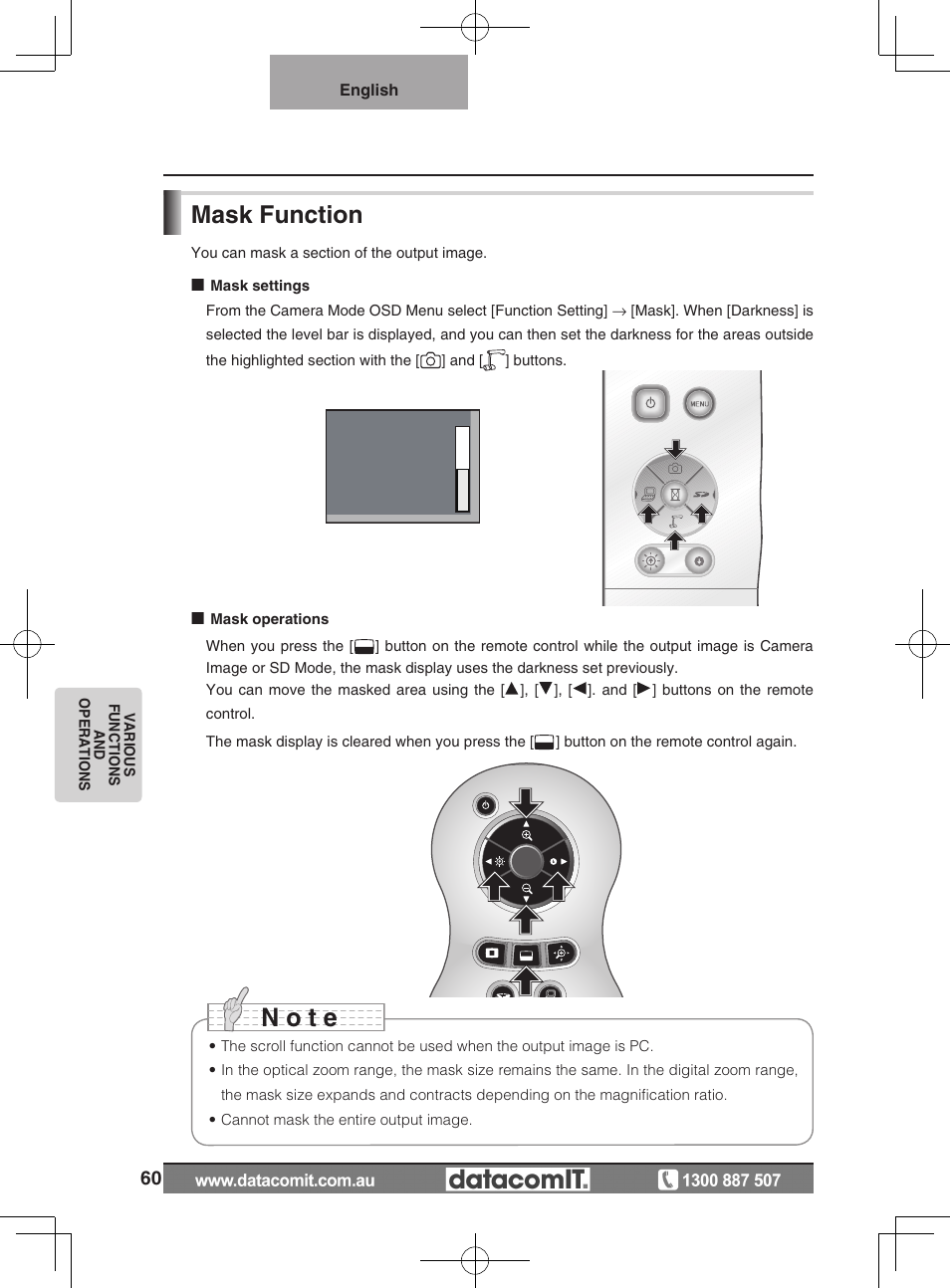 N o t e, Mask function | Elmo L-1EX User Manual | Page 60 / 68
