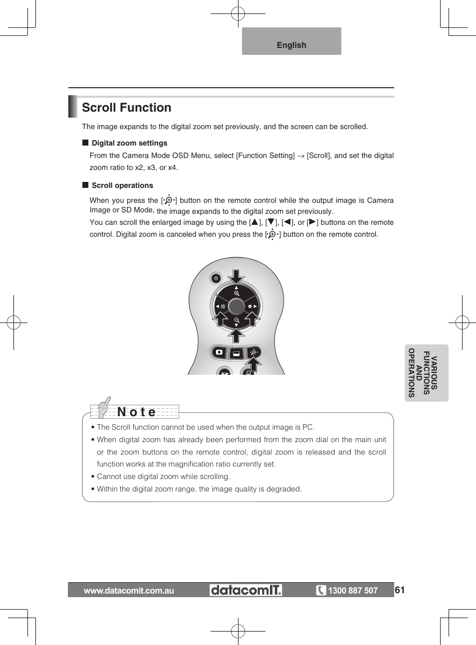 N o t e, Scroll function | Elmo L-1EX User Manual | Page 61 / 68