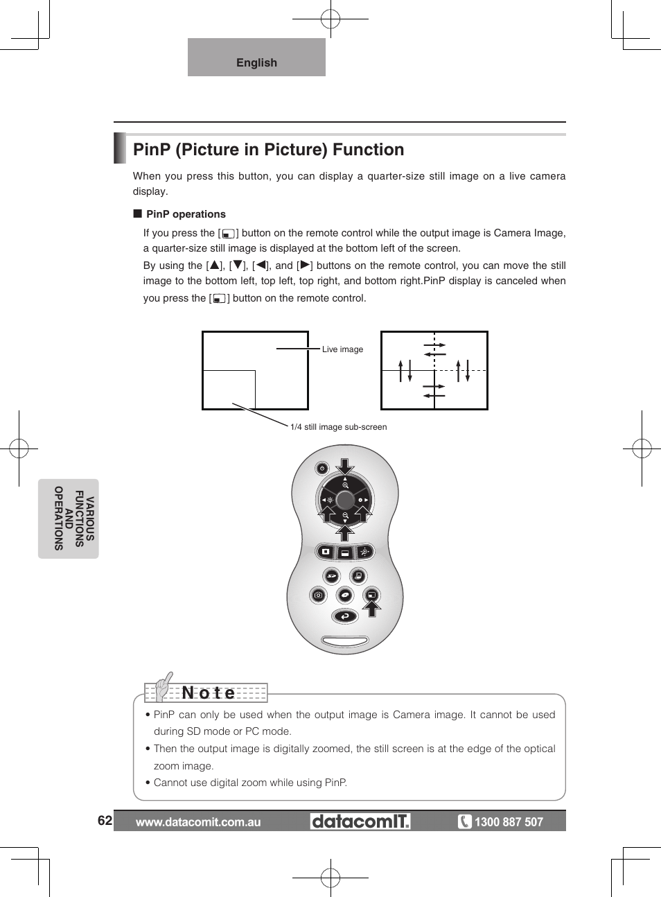 N o t e, Pinp (picture in picture) function | Elmo L-1EX User Manual | Page 62 / 68