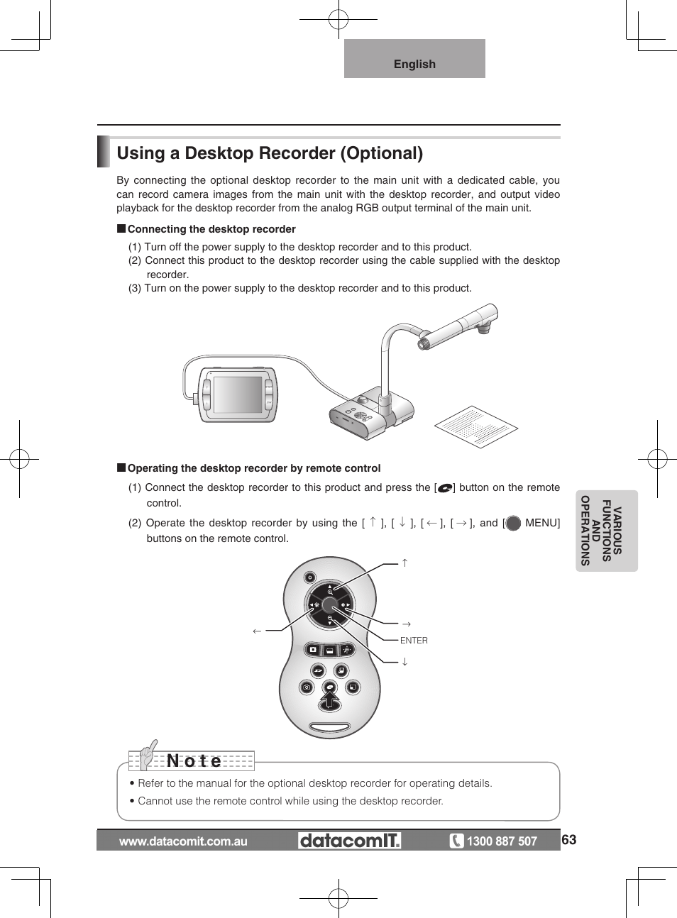 N o t e, Using a desktop recorder (optional) | Elmo L-1EX User Manual | Page 63 / 68