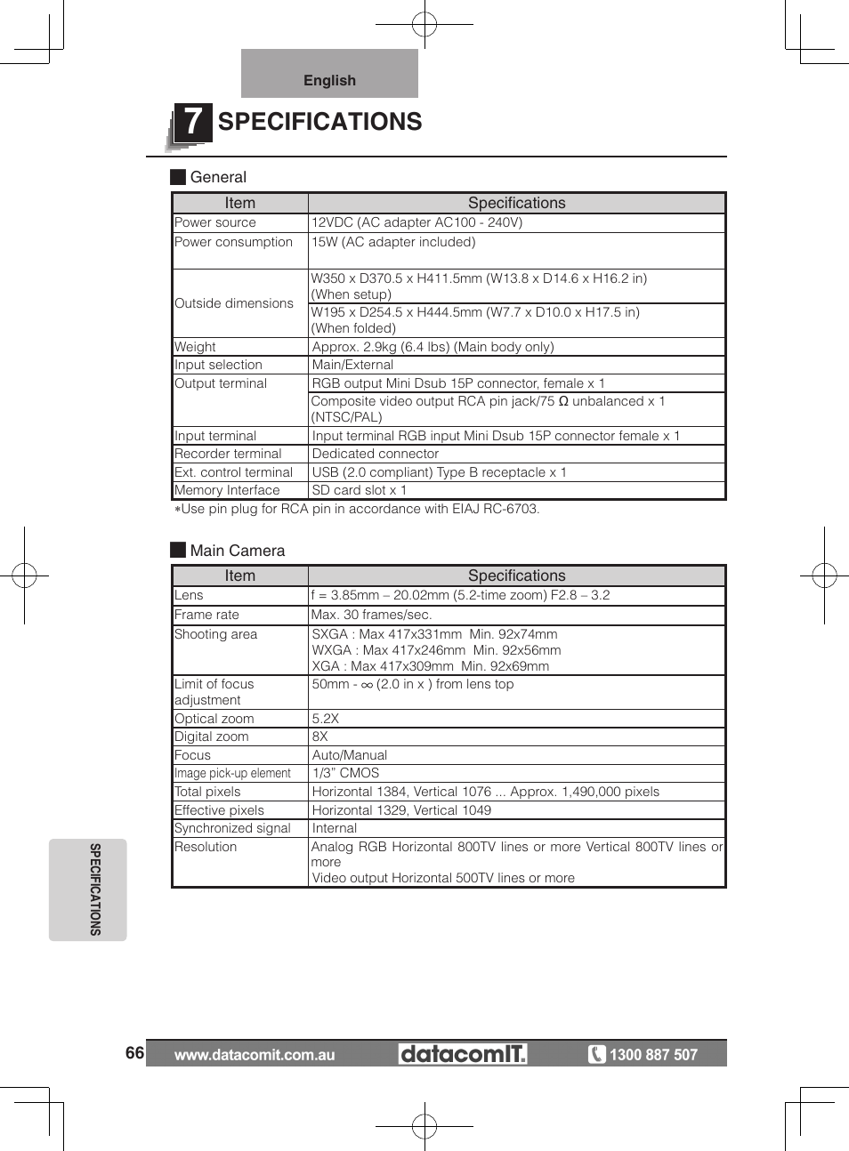 Specifications | Elmo L-1EX User Manual | Page 66 / 68
