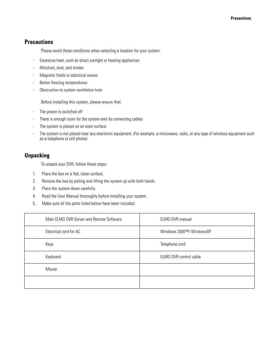 Precautions, Unpacking, Required items | Elmo EDR-X216 User Manual | Page 11 / 83