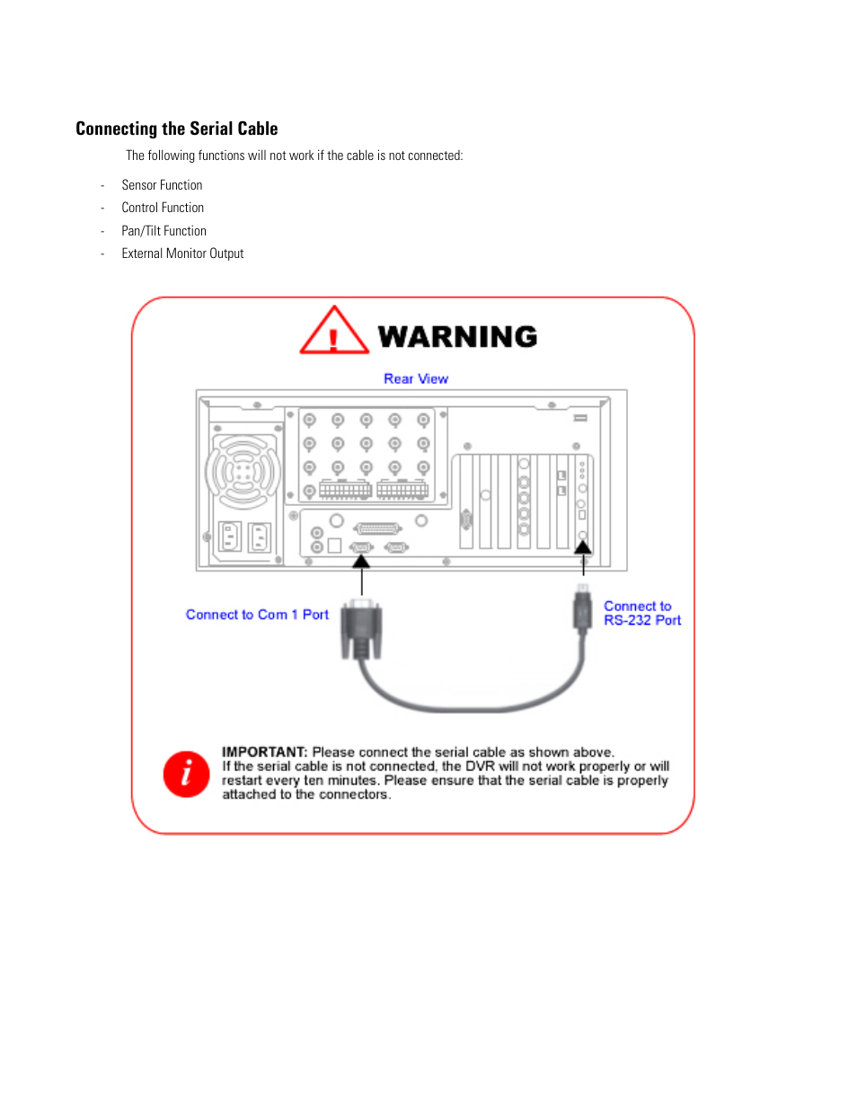 Connecting the serial cable, Serial cable warning | Elmo EDR-X216 User Manual | Page 14 / 83