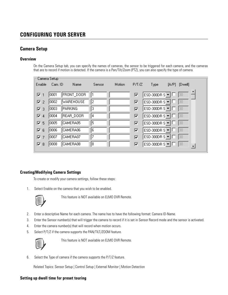 Configuring your server, Camera setup, Overview | Creating/modifying camera settings, Setting up dwell time for preset touring | Elmo EDR-X216 User Manual | Page 18 / 83