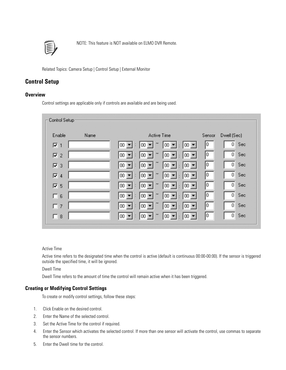 Control setup, Overview, Creating or modifying control settings | Elmo EDR-X216 User Manual | Page 20 / 83