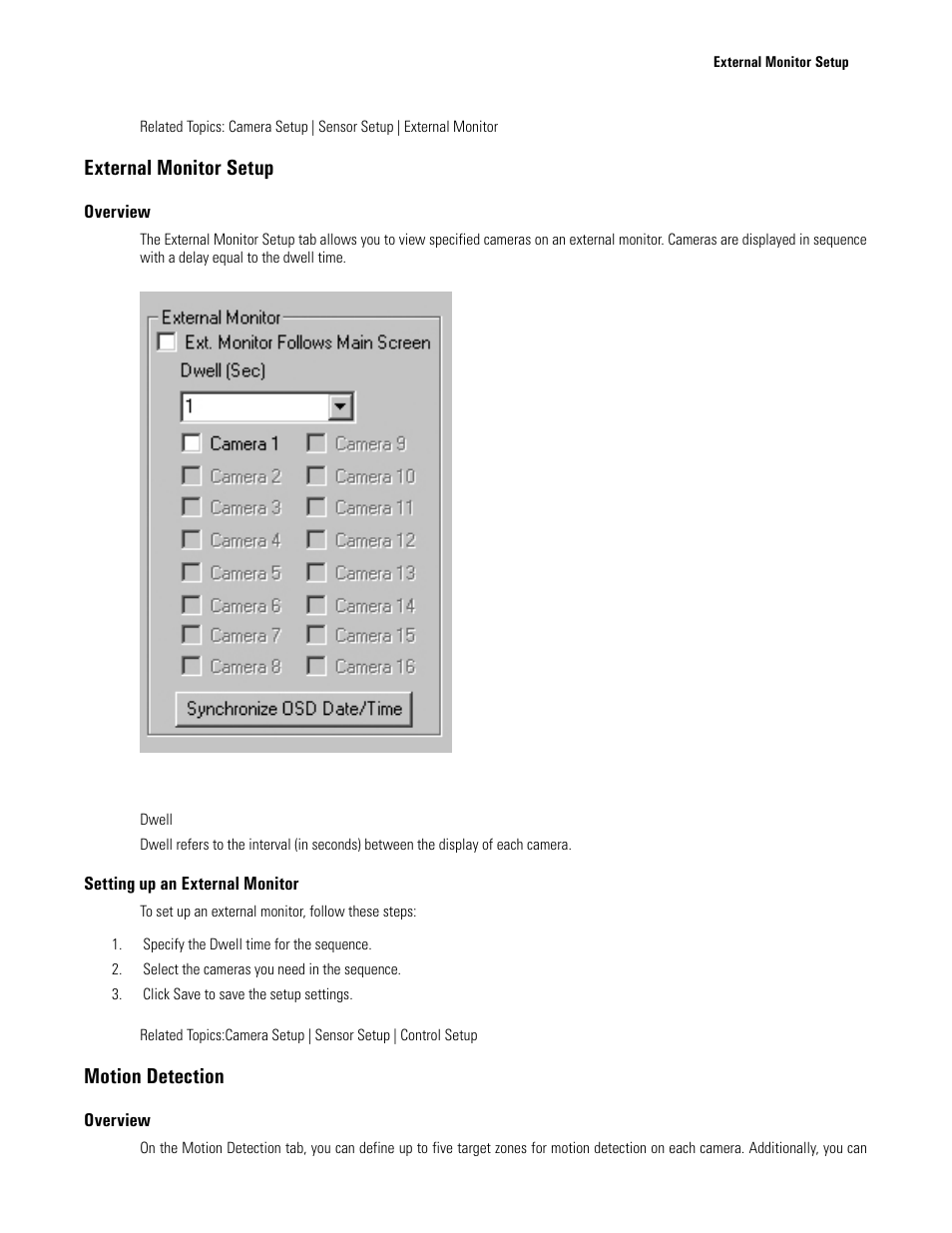 External monitor setup, Overview, Setting up an external monitor | Motion detection, External monitor | Elmo EDR-X216 User Manual | Page 21 / 83