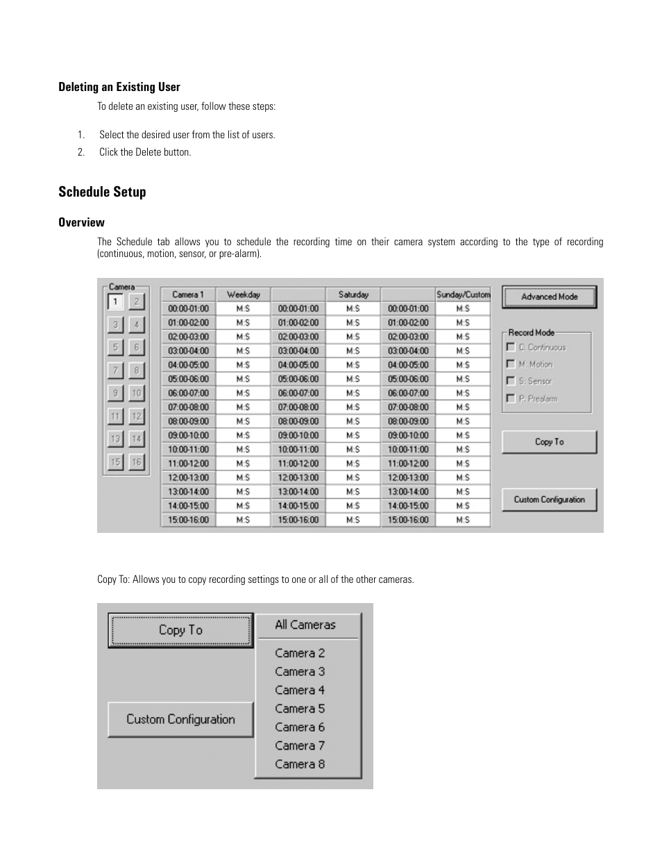 Deleting an existing user, Schedule setup, Overview | Copy to | Elmo EDR-X216 User Manual | Page 24 / 83