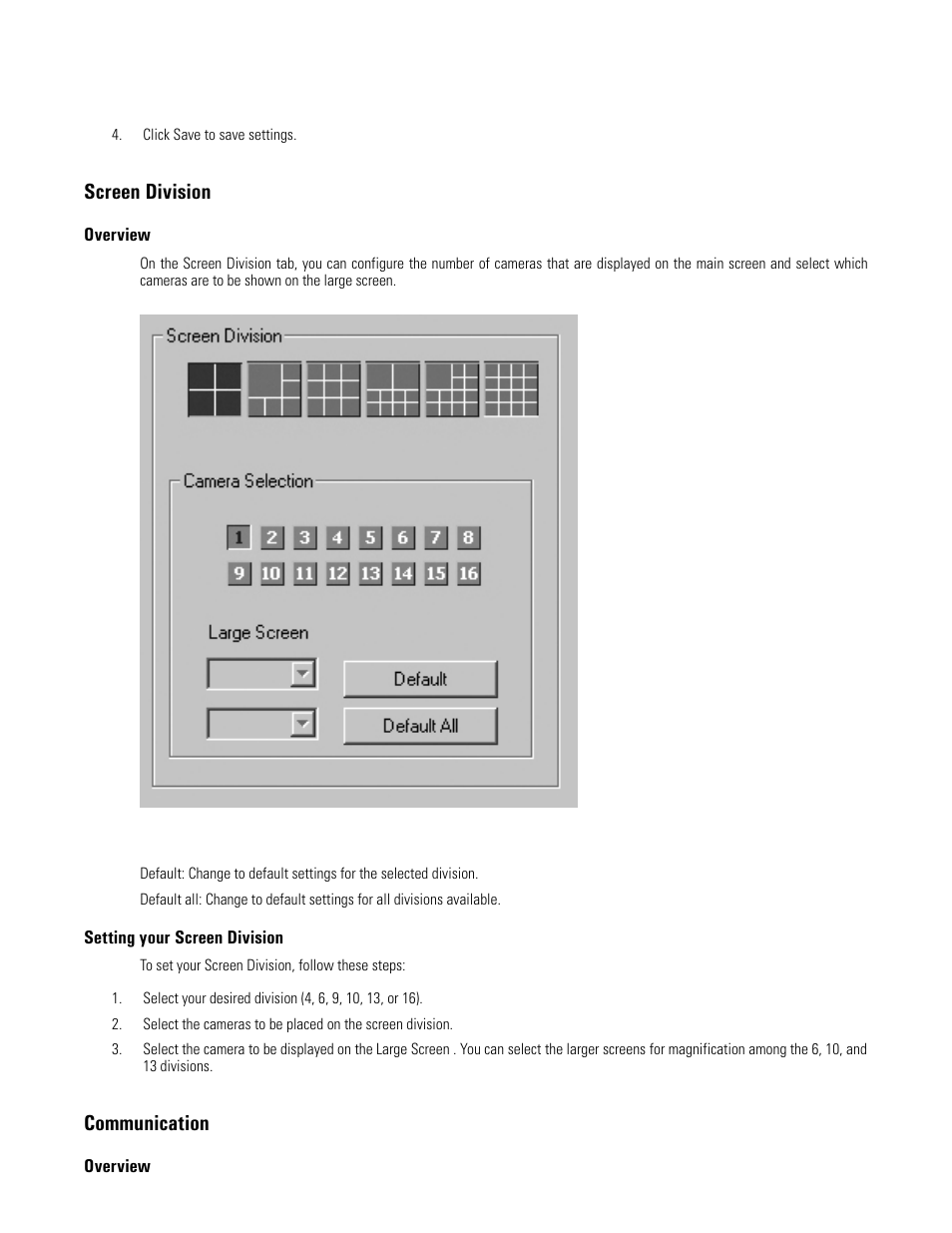 Screen division, Overview, Setting your screen division | Communication | Elmo EDR-X216 User Manual | Page 26 / 83