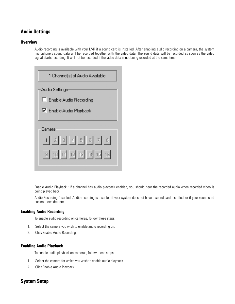 Audio settings, Overview, Enabling audio recording | Enabling audio playback, System setup | Elmo EDR-X216 User Manual | Page 30 / 83